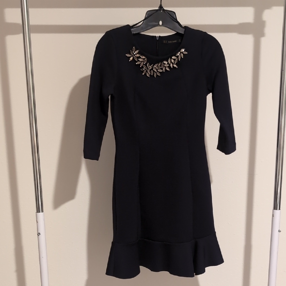 Elegant navy blue dress with Embellished Neckline